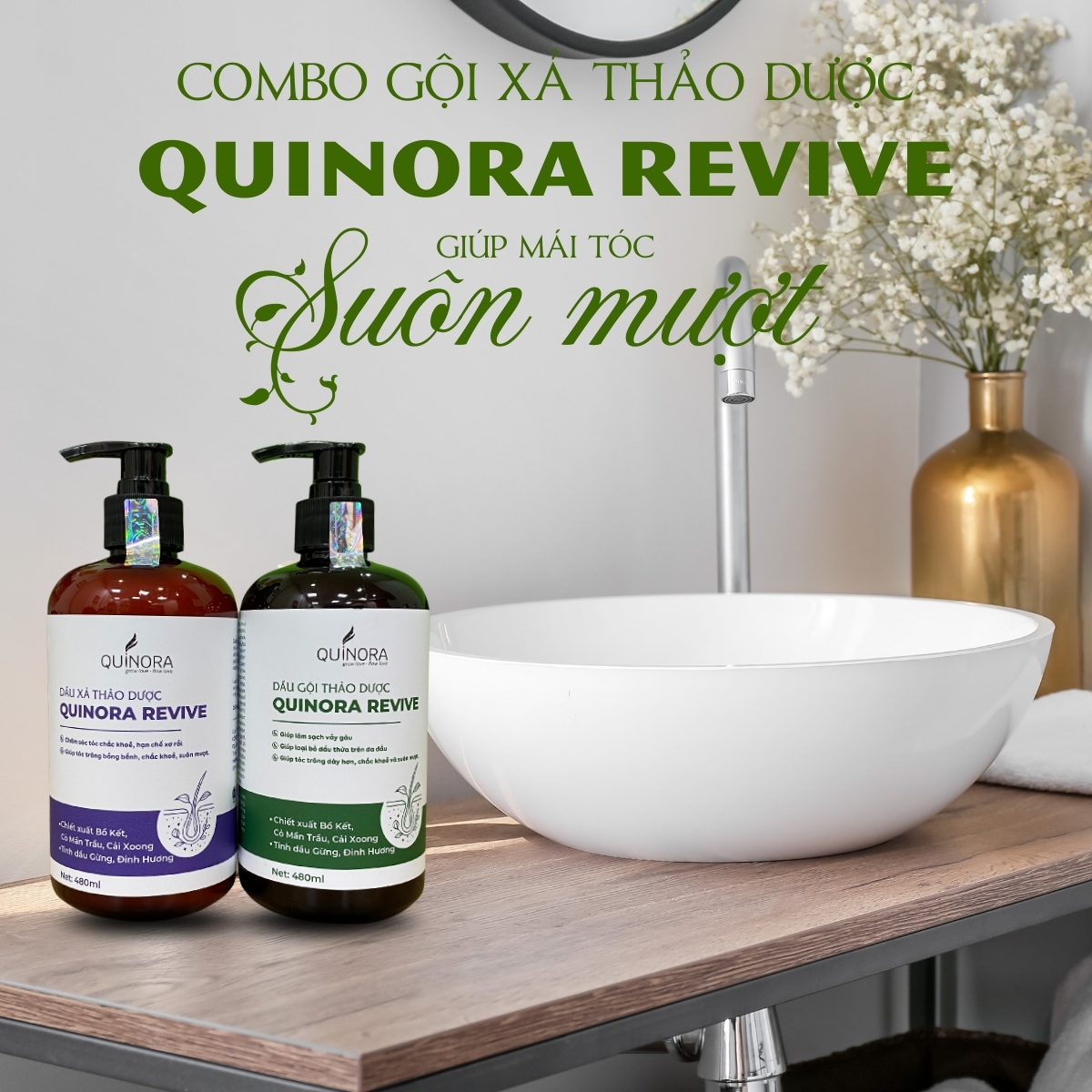Combo dầu gội + dầu xả thảo dược Quinora Revive