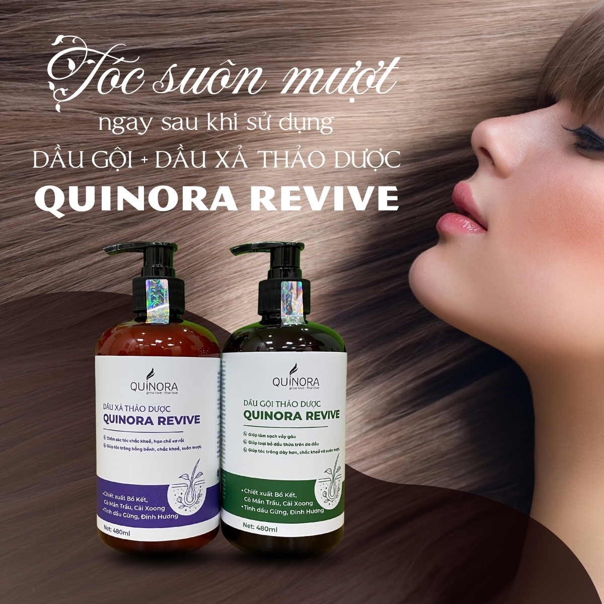Combo dầu gội + dầu xả thảo dược Quinora Revive